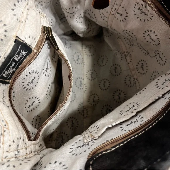 Myra Bag Handmade Crossroads Backpack Upcycled Canvas Cowhide Leather Patchwork - Picture 10 of 16